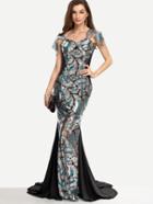 Romwe Sequined Cut Out Bow Back Fishtail Dress