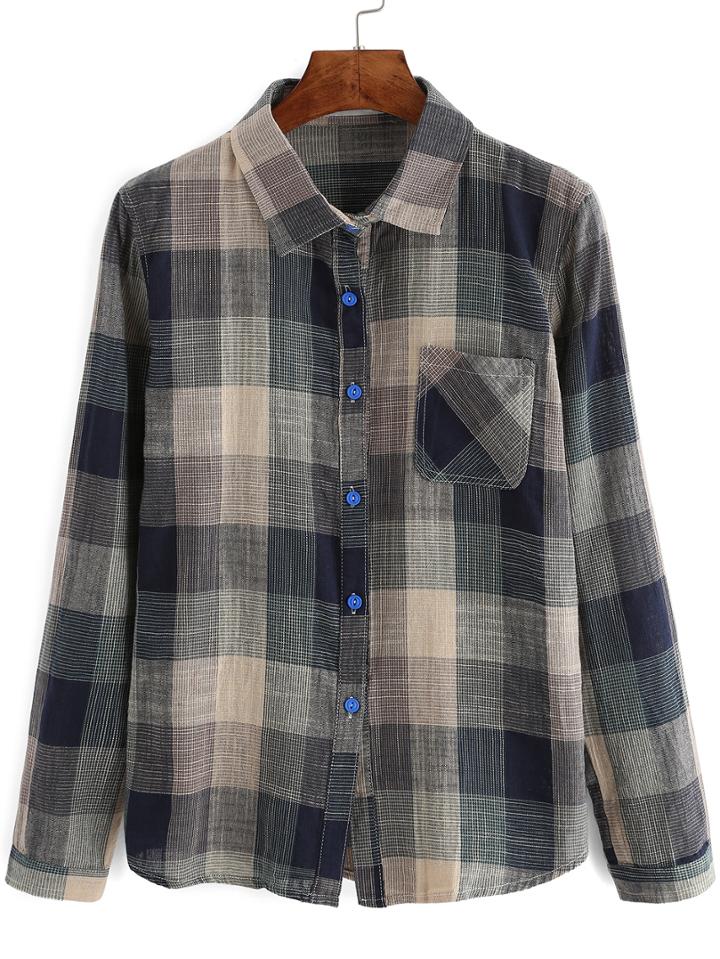 Romwe Plaid Patchwork Buttons Blouse