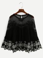 Romwe Black Bell Sleeve Keyhole Embroidered Top