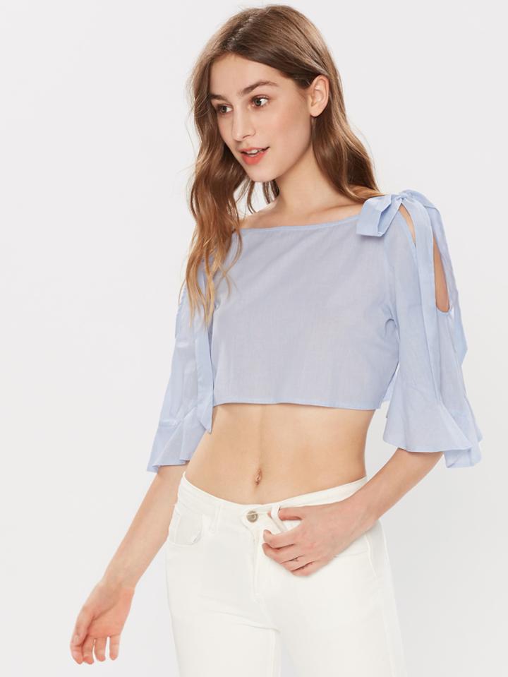 Romwe Bell Sleeve Bow Tie Open Shoulder Crop Top