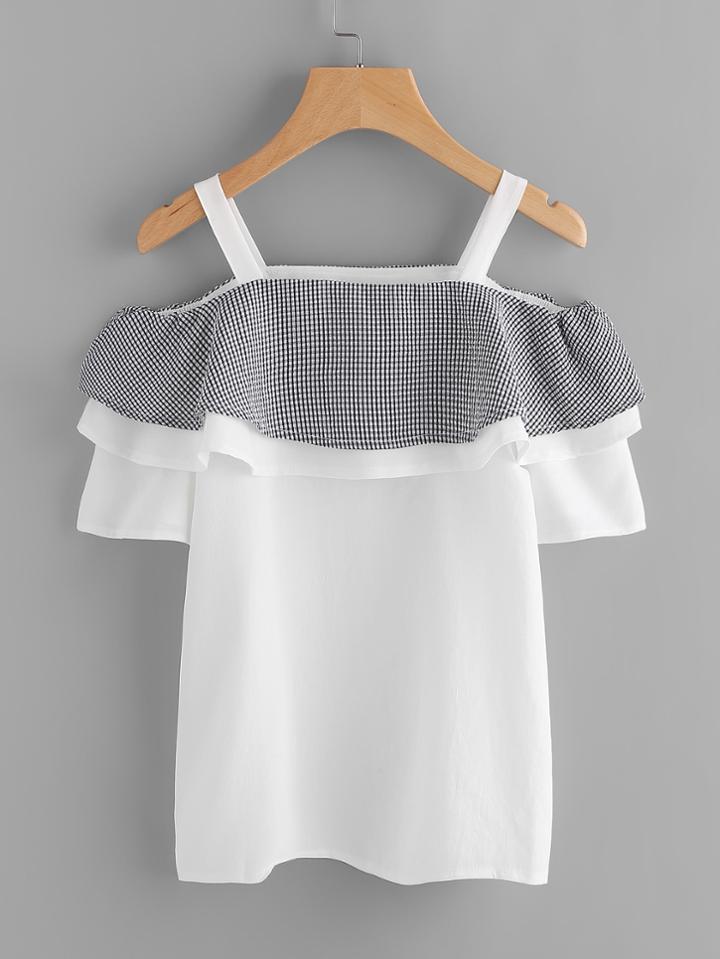 Romwe Contrast Checkered Cold Shoulder Layered Top
