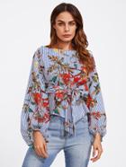 Romwe Exaggerated Lantern Sleeve Belted Mixed Print Blouse