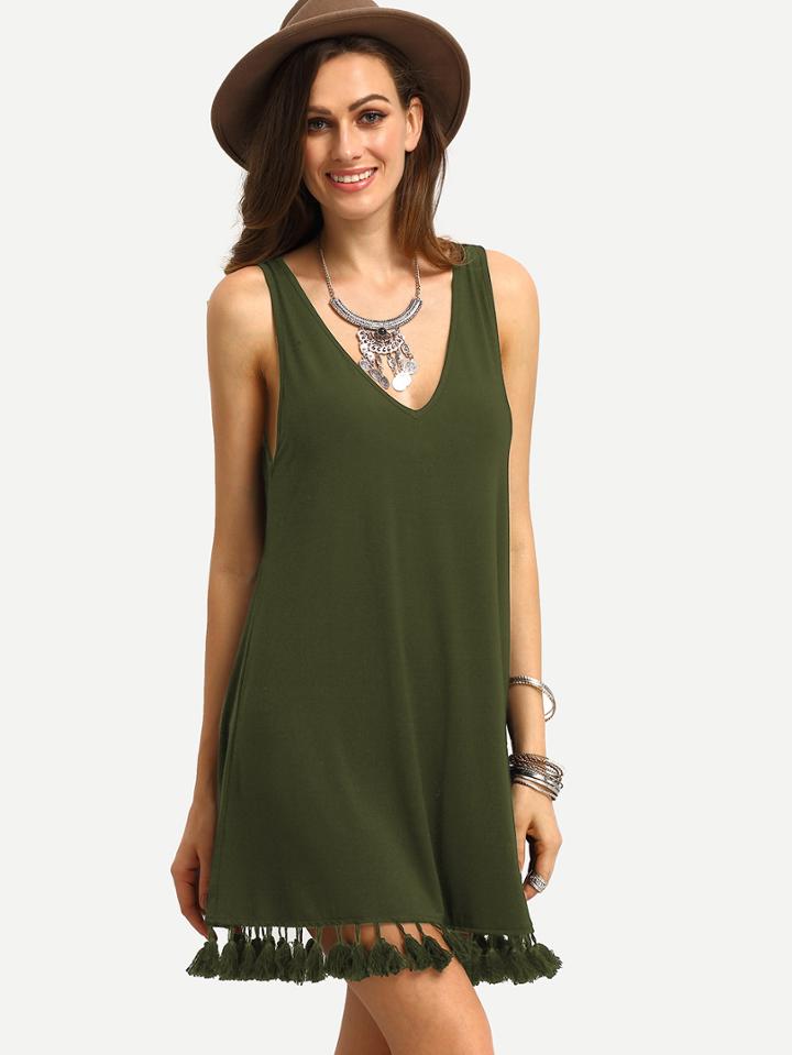 Romwe Double V Neck Tassel Trim Dress