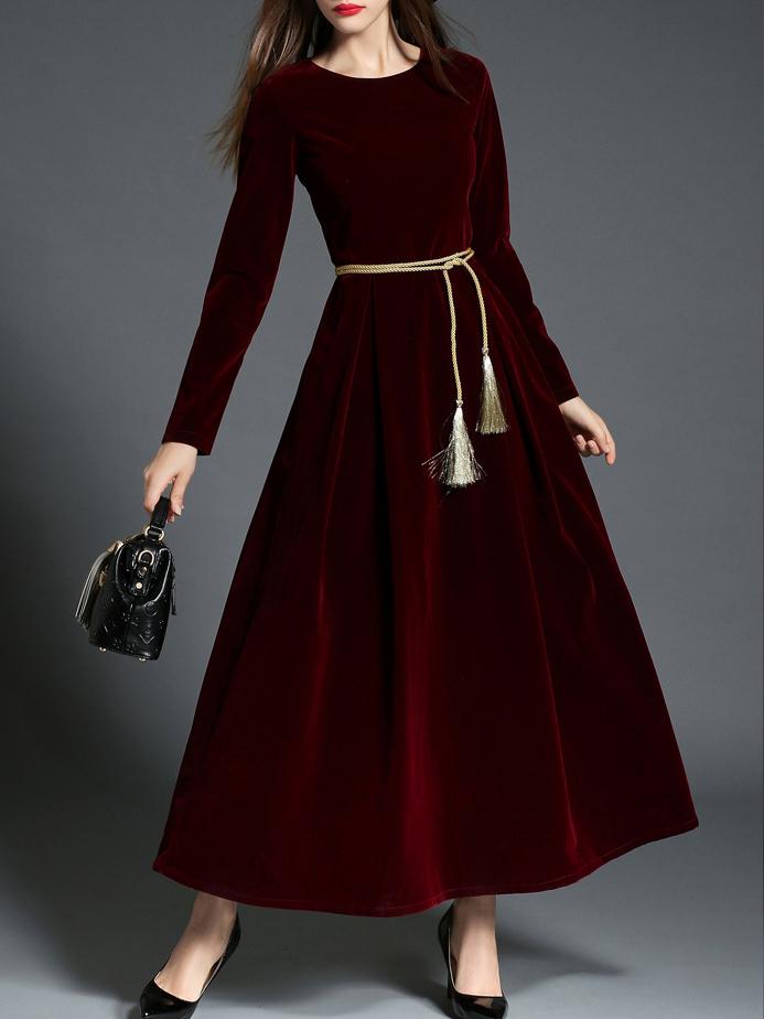 Romwe Burgundy Tie-waist Velvet Maxi Dress