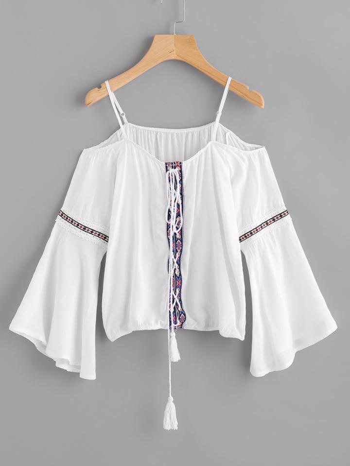 Romwe Open Shoulder Eyelet Lace Up Embroidered Taped Top