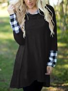 Romwe Hooded Plaid High Low Black Dress