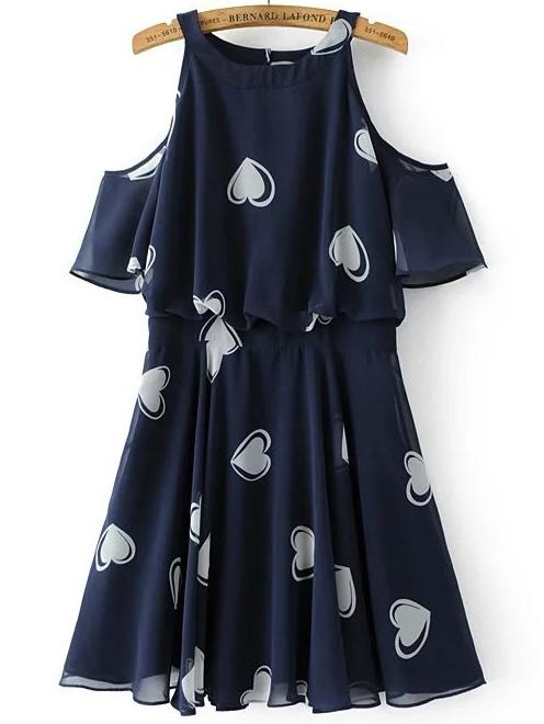 Romwe Navy Heart Print Open Shoulder Ruffle Trim Dress
