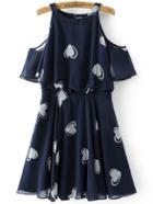 Romwe Navy Heart Print Open Shoulder Ruffle Trim Dress