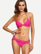Romwe Ruffled Side-tie Bikini Set - Hot Pink