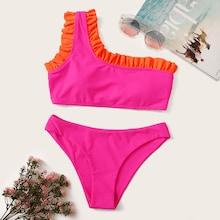 Romwe Contrast Frill Trim One Shoulder Bikini Set