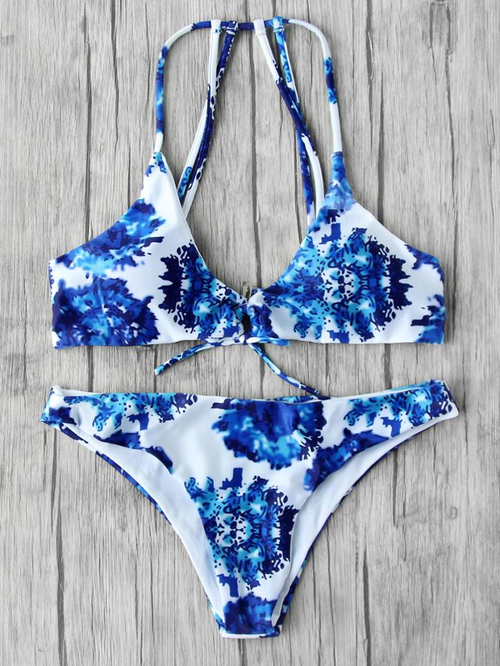 Romwe Graphic Print Strappy Back Bikini Set