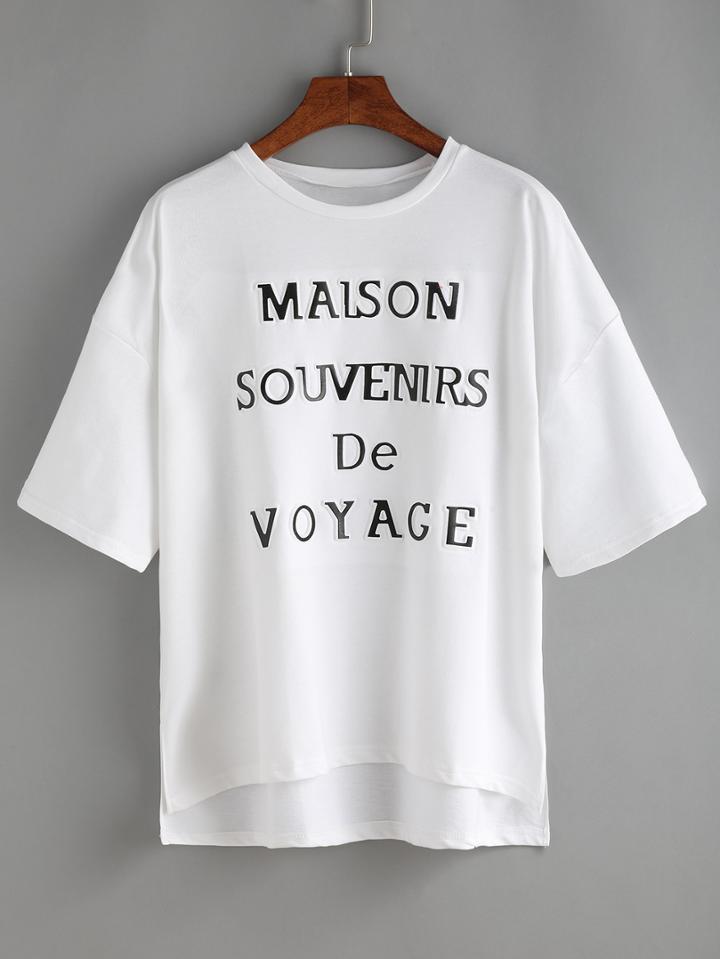 Romwe Dip Hem Letters Print Split T-shirt