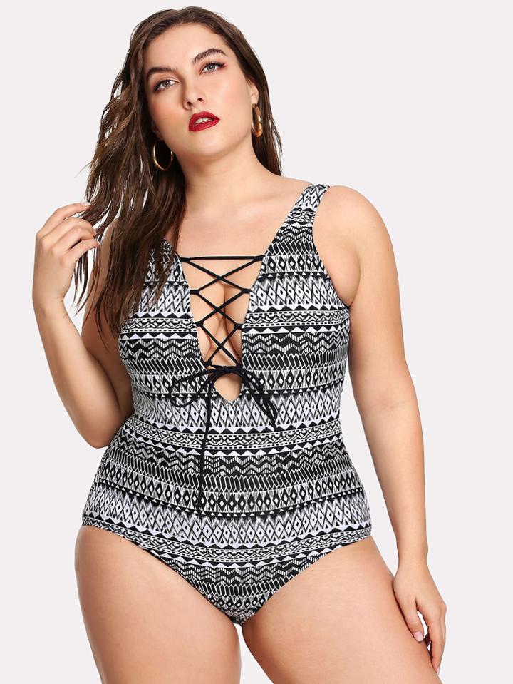 Romwe Lace Up V Plunge Swimsuit
