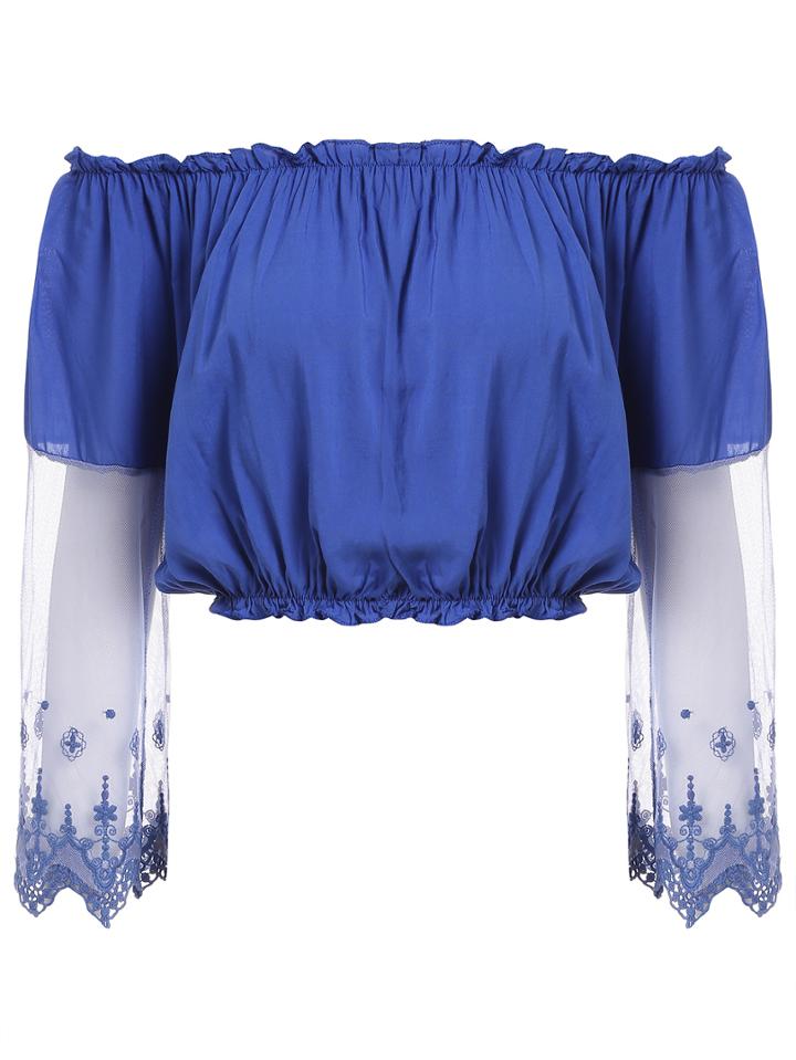 Romwe Off The Shoulder Lace Insert Crop Blue Shirt