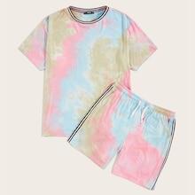 Romwe Guys Tie Dye Top & Side Striped Shorts Set