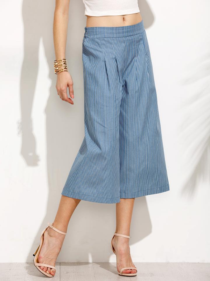 Romwe Blue Vertical Striped Pleated Culottes