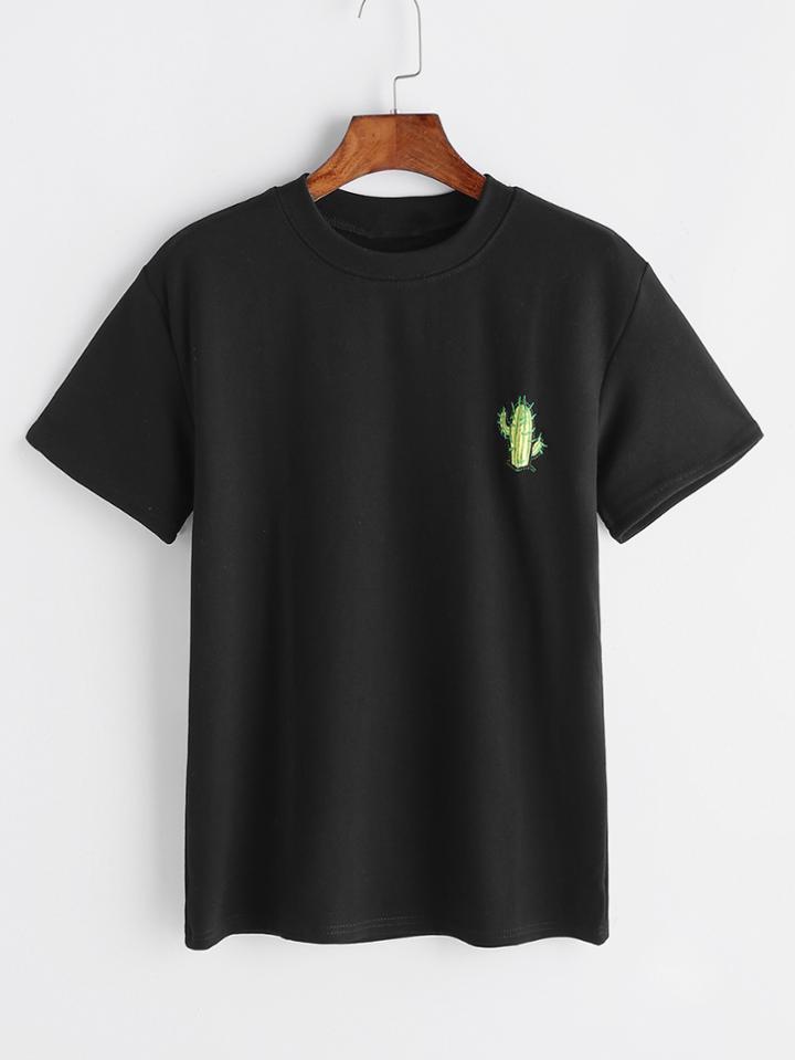 Romwe Black Cactus Embroidered Mock Neck T-shirt