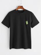 Romwe Black Cactus Embroidered Mock Neck T-shirt