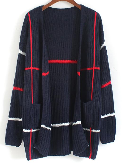 Romwe With Pockets Striped Knit Navy Cardigan