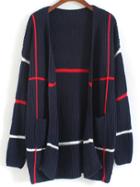 Romwe With Pockets Striped Knit Navy Cardigan
