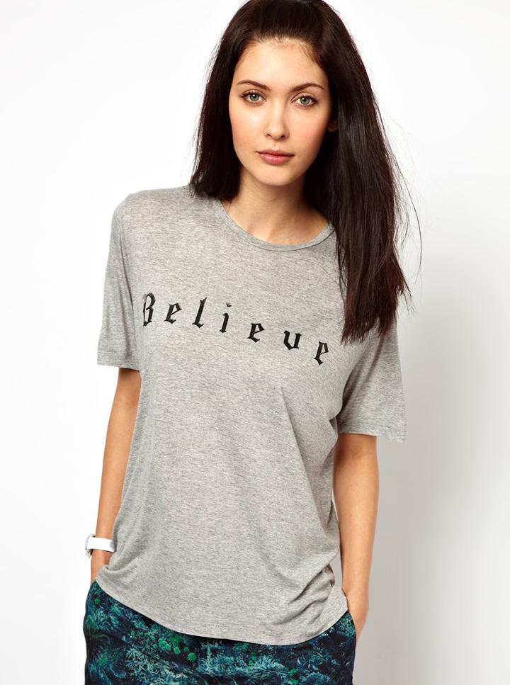 Romwe Believe Print Loose Grey T-shirt
