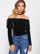Romwe Velvet Flounce Layered Neckline Tee