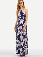 Romwe Halter Neck Cutout Flower Print Dress - Blue