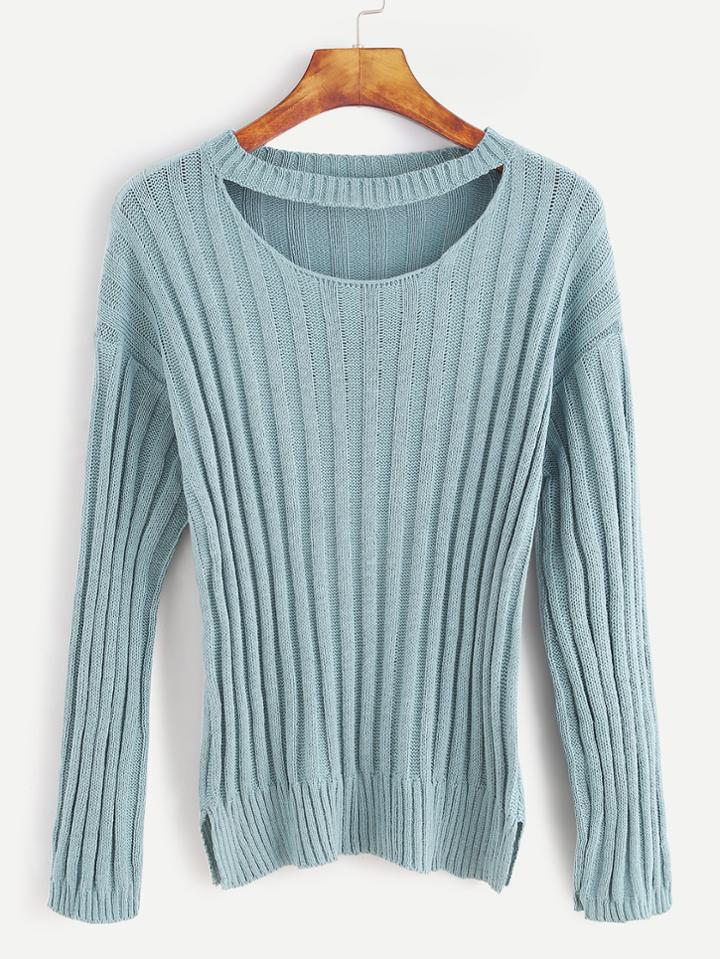 Romwe Drop Shoulder Cut Out Neck Ribbed Knit Sweater