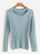 Romwe Drop Shoulder Cut Out Neck Ribbed Knit Sweater