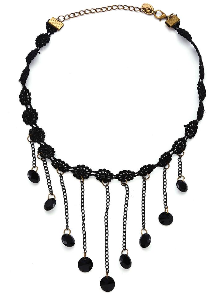 Romwe Black Fringe Pendant Lace Choker