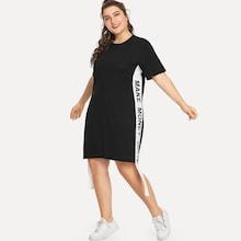 Romwe Plus Slogan Print Tape Panel Dress