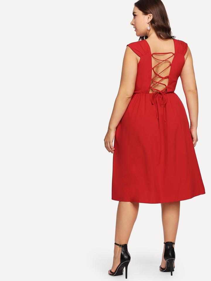 Romwe Lace Up Back Single Breasted Dress