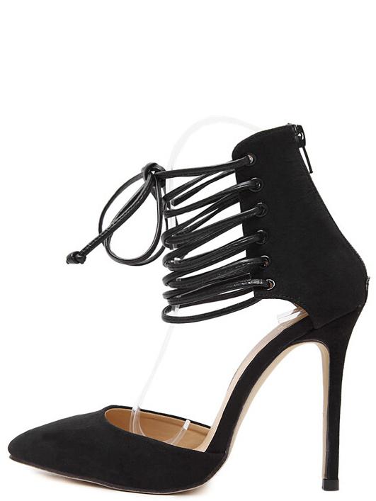 Romwe Peep Tone Lace Up Black Ankle Cuff Pumps