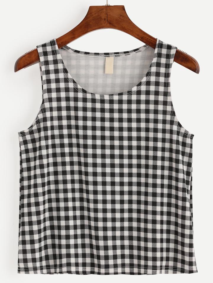 Romwe Black White Plaid Sleeveless Top