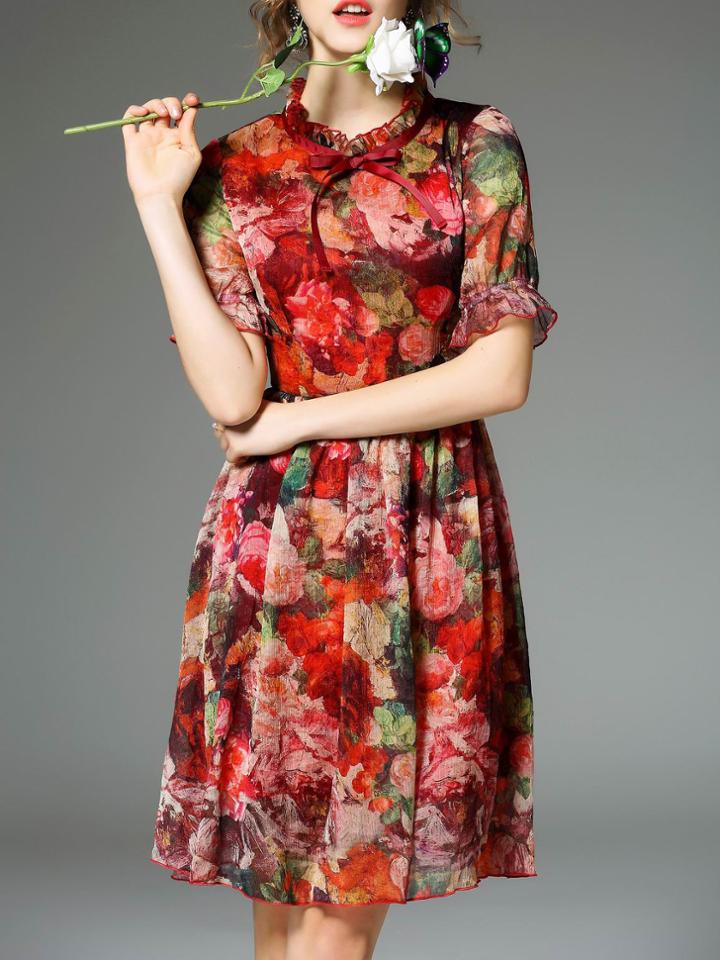 Romwe Multicolor Tie Neck Elastic-waist Print Pleated Dress