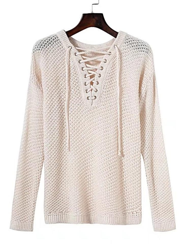 Romwe Eyelet Lace Up V Neck Hollow Out Sweater