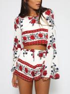 Romwe Bell Sleeve Florals Open Back Crop Top With Shorts