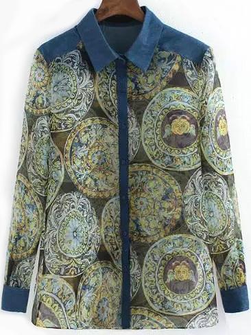 Romwe Contrast Denim Abstract Print Blouse