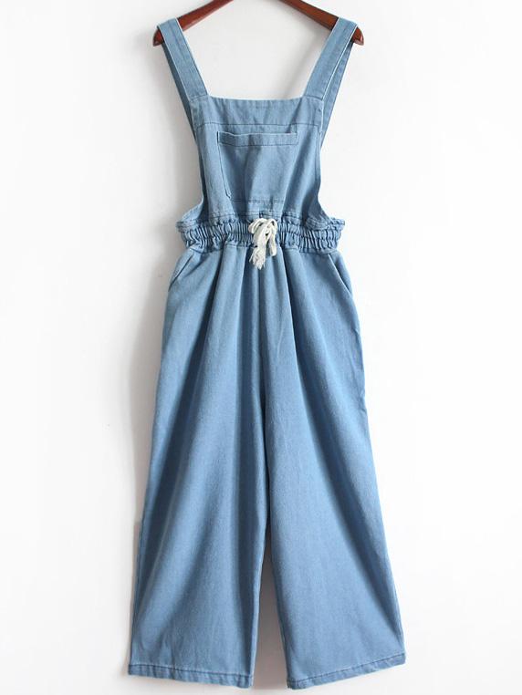 Romwe Strap With Pocket Wide Leg Denim Light Blue Jumpsuit
