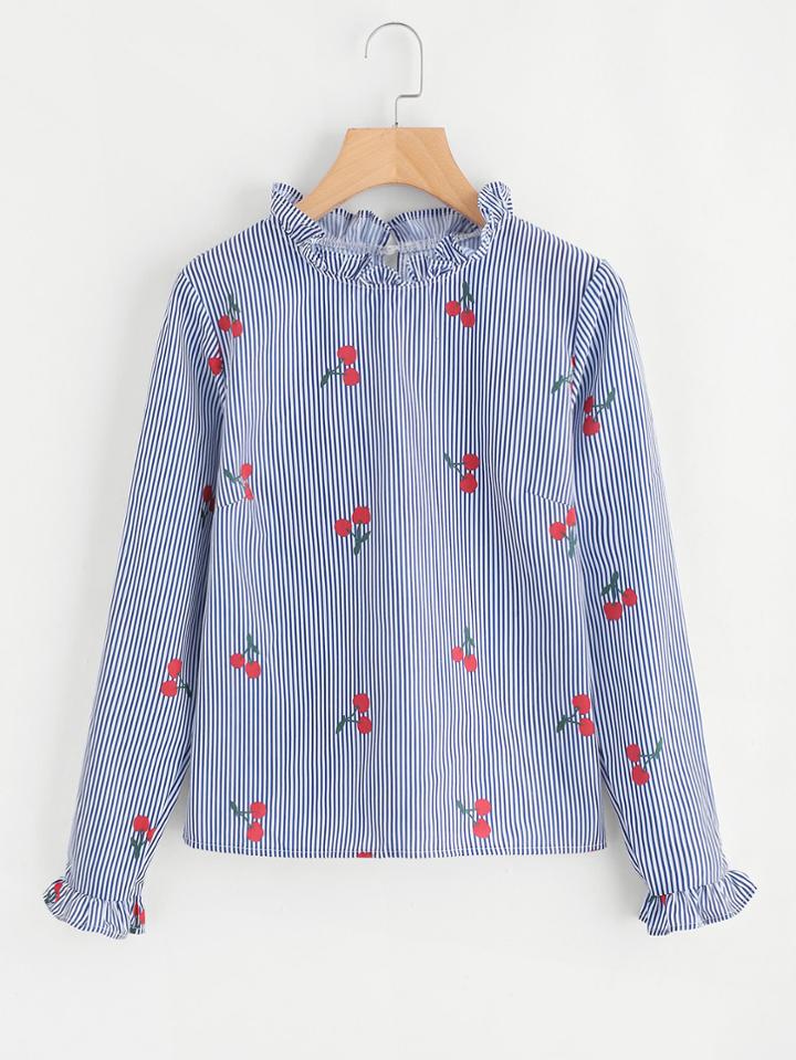 Romwe Frill Trim Vertical Striped Cherry Print Blouse