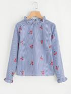 Romwe Frill Trim Vertical Striped Cherry Print Blouse