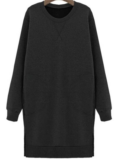 Romwe Slit Pockets Loose Black Dress
