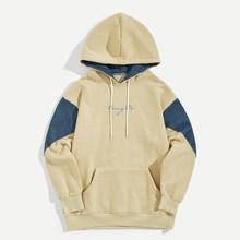 Romwe Men Contrast Denim Letter Embroidery Hoodie