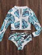 Romwe Jungle Print Long Sleeve Zipper Up Two Piece Swimwear