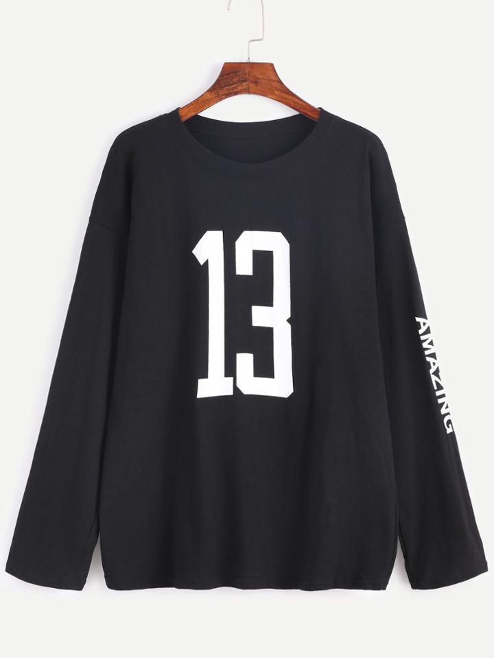 Romwe Black Number Print Drop Shoulder T-shirt
