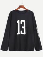Romwe Black Number Print Drop Shoulder T-shirt