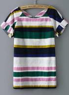 Romwe Back V Cut Striped Pink T-shirt