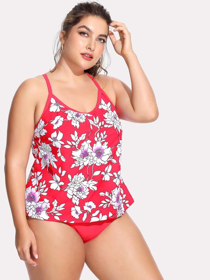 Romwe Flower Print Cross Back Tankini Set