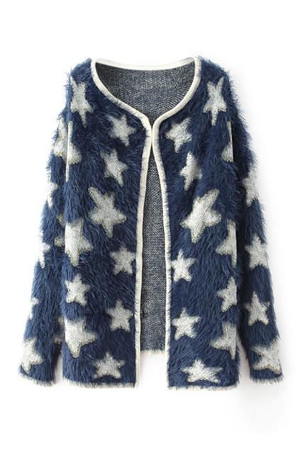 Romwe Star Knitted Navy Blue Cardigan
