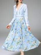 Romwe Blue V Neck Floral A-line Dress